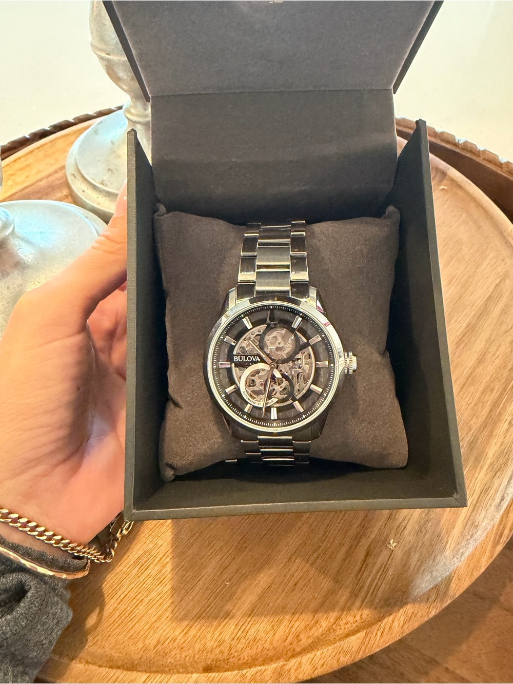 Bulova Men's Skeleton Watch - Silver Tones with Black Accents
